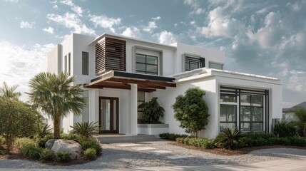 Fototapeta premium Elegant modern house with clean lines and white walls features large windows reflecting sunlight,