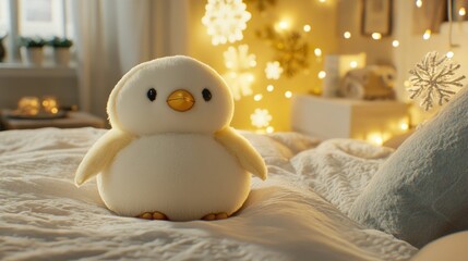 Cute plush penguin toy on a bed, soft lighting
