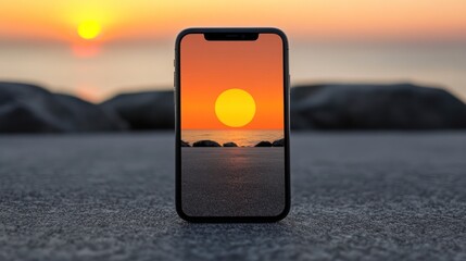 Smartphone displaying a breathtaking sunset over the water.  The device is placed on a stone surface