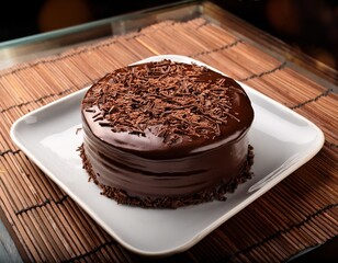 a decadent double layered chocolate cake richly glazed with a luscious chocolate ganache adorned with chocolate shavings rests on a pristine plate promising an indulgent dessert experience