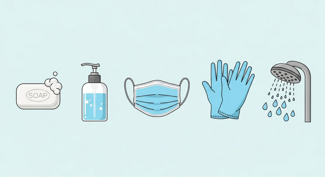 Essential hygiene items for personal protection against viruses and bacteria, including soap, sanitizer, mask, gloves, and shower head on blue background - Powered by Adobe