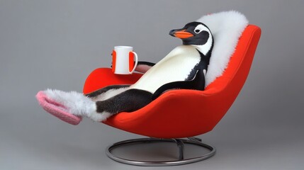 Penguin relaxing in a cozy armchair with a mug