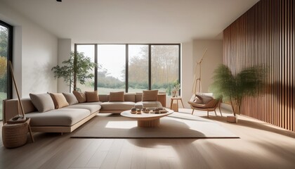 modern minimalist living room design with natural light and wooden accents