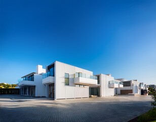 modern architectural design with white modular buildings against a clear blue sky