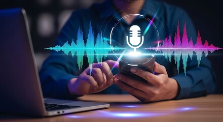 Person Uses Smartphone With Glowing Microphone And Sound Wave Visualization