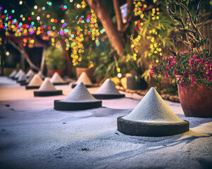Serene Outdoor Garden at Night with Decorative Lights and Sand Mounds