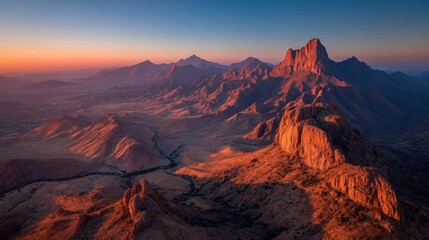 Naklejka premium Expansive desert landscape with rugged rock formations bathed in warm golden light during sunrise or sunset,
