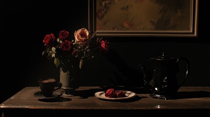 Still life with roses, teacup, and teapot