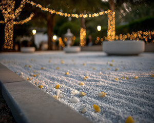Tranquil Outdoor Area with Lights and Flower Petals on Decorative Surface