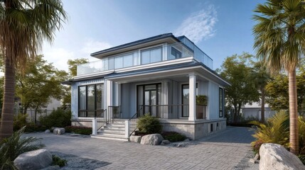 Obraz premium Modern two-story residential building with geometric facade, symmetrical windows, glass balustrades, entrance steps,