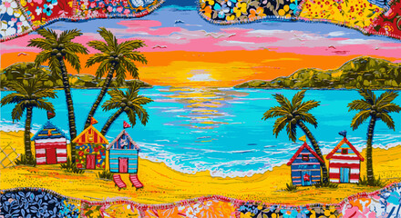 Colorful Beach Huts on a Tropical Shoreline at Sunset A Vibrant Coastal Paradise