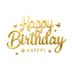 Golden text happy birthday with stars, isolated on transparent background