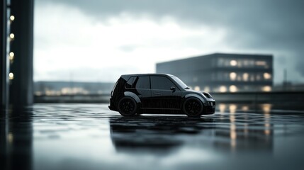 Sleek black car on a wet urban rooftop.  Modern design, urban setting, rainy day