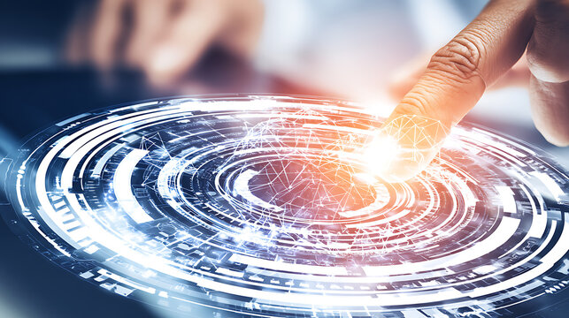 A hand interacts with a futuristic holographic interface displaying digital data patterns and glowing concentric rings.