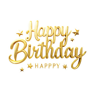 Golden text happy birthday with stars, isolated on transparent background