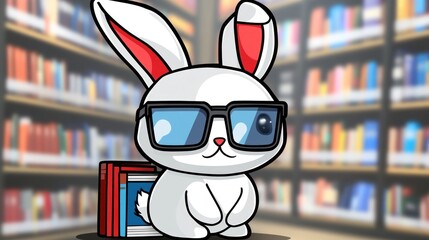 Cool bunny in sunglasses holding books in library