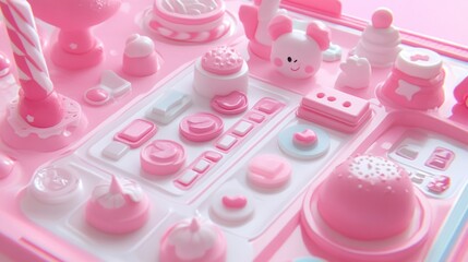 Playful pink pastry shop toy.  Detailed sweet treats and controls