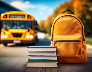 school backpack with books and bus in background