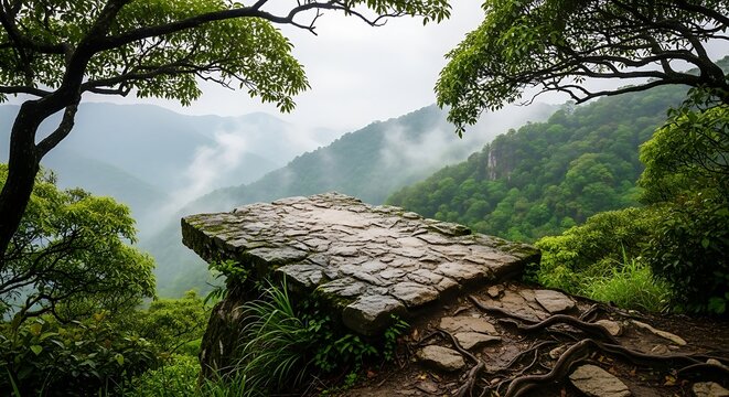 A scenic view of a mountain landscape with a stone platform in the foreground, surrounded by lush greenery and misty hills on a cloudy day