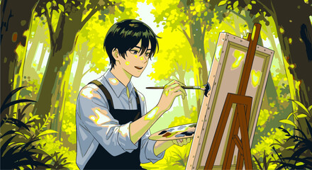 A Young Artist Painting in the Forest Sunlight