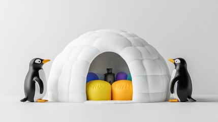 Penguin igloo scene, playful winter wonderland