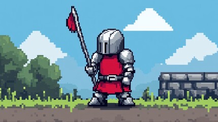 Pixel art knight in red armor holds a flag