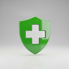 Obraz premium Glossy green health protection shield with a white cross icon. A 3D rendered symbol illustrating medical safety, security, and healthcare insurance