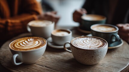 Warm cafe scene with cappuccino cups on wooden table, emotional gathering of friends sharing coffee moments in cozy atmosphere.