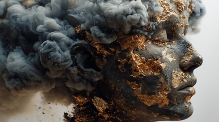 Abstract human face covered in gold with swirling smoke, symbolizing mental chaos, inner complexity, and dramatic artistic depth.