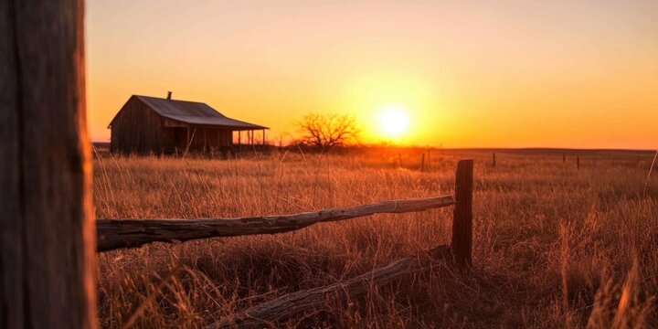 Rustic countryside house with horse silhouette against evening sun - Powered by Adobe