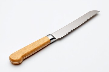 Kitchen Serrated Knife with Wooden Handle on White Background