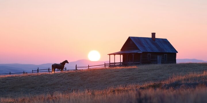 Horse standing near old wooden cabin at sunset in rural landscape
