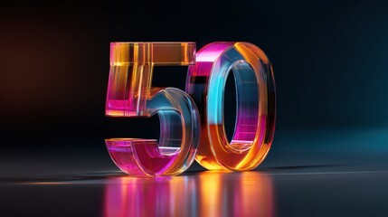 3D number 50 in neon colors on dark background