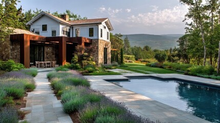 Obraz premium Luxurious residential property with modern and rustic designs, stone walls, white siding, pergola, swimming pool,