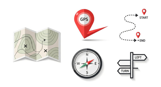 Flat design illustration of navigation and travel concept with map, gps, compass, and signpost isolated on white background