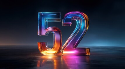 3D number 52 in neon colors on dark background