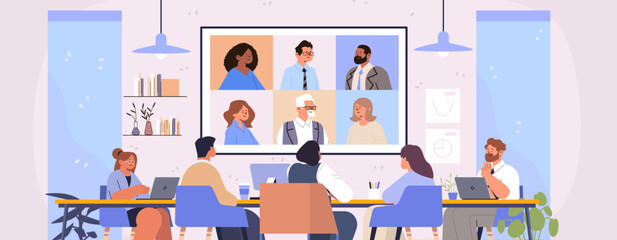 Business team video conference meeting remote collaboration office people at table laptops virtual screen diverse group modern workspace flat design