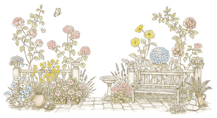 Vibrant botanical illustration of a peaceful spring garden, featuring a classic wooden bench, colorful flowers, delicate roses, and a charming bird bath