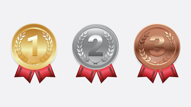 Realistic award medals set. Collection of gold, silver, and bronze medals with red ribbons and laurel wreaths