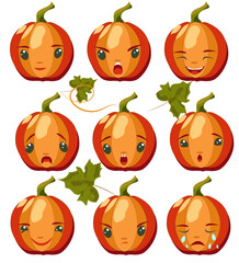 Set of cartoon facial expressions. Happiness, tears, anger, disappointment, and surprise pumpkins. Set of vector illustrations: Emoticon comic avatars. Isolated on white background. 
