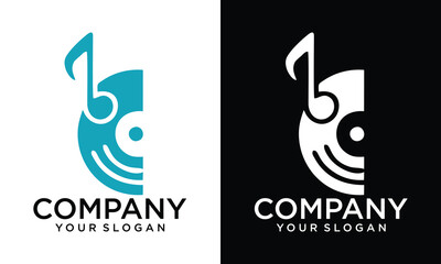 Creative Music logo template. Musical note and vinyl record vector design. Turntable illustration
