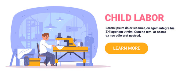 Child labor factory exploitation young boy sewing machine industrial background workplace spools of thread web banner template