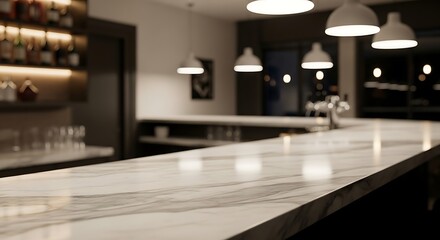 A blurred view of a modern bar with a marble countertop, soft lighting, and a shelf of bottles, creating a warm and inviting atmosphere for patrons