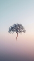 Solitary bare tree emerges from soft pink and blue morning fog in a serene landscape