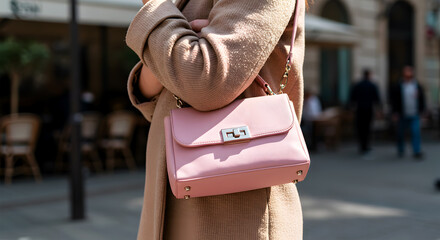 A fashionable young woman carries a pink Leather handbag around her neck on a city street