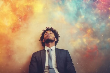 A photo of a business man dreaming of success, surrounded by clouds.