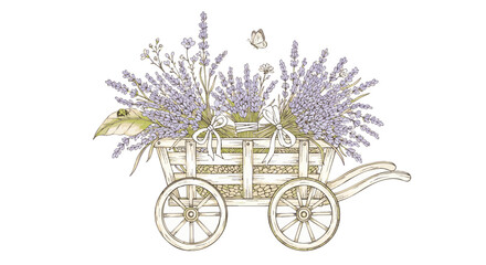 Elegant Vintage Illustration Lavender-Filled Cart Captures the Charm of a Rustic Garden and Floral Beauty