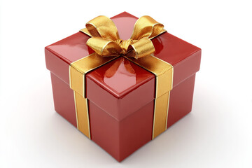 Obraz premium Elegant red gift box adorned with a shimmering gold ribbon and bow, perfect for celebrations and special occasions, exuding luxury and joy.