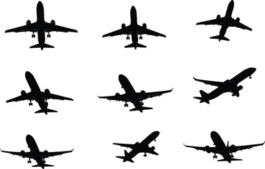 Silhouette vector illustration of airplanes flying in different angles, aviation design, commercial aircraft, air travel, transportation, flight concept art.