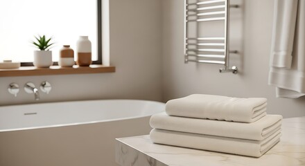 Fototapeta premium Modern bathroom interior with white towels stacked on marble countertop near bathtub and window, creating a spalike ambiance for relaxation and comfort